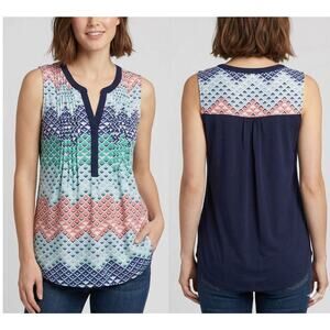 DR2 Womens Small Top Blouse Blue Pink Chevron Print Sleeveless